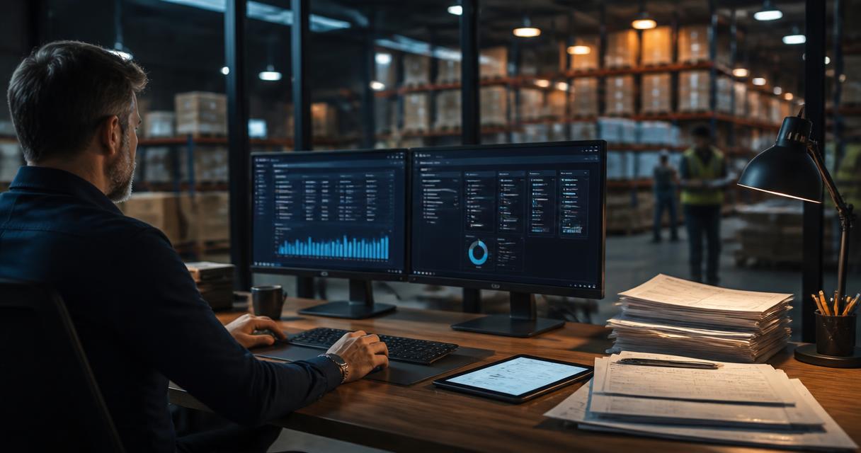 Birou de operațiuni al unui furnizor B2B cu monitoare care afișează comenzi și facturi, alături de documente de livrare, cu depozitul vizibil în fundal
