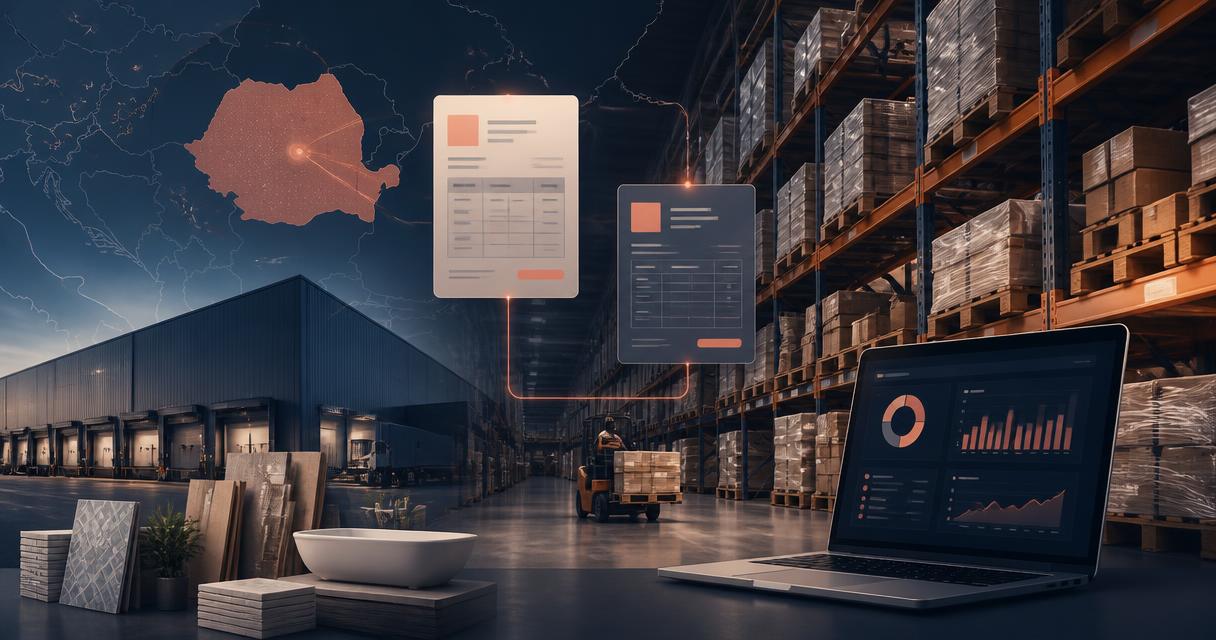 Depozit de retail B2B cu paleți și documente digitale EDI care circulă către un dashboard de comenzi